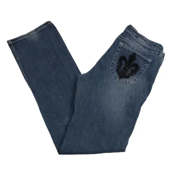 Rock 47 Wrangler Women's Blue Fleur De Lis Rhinestone Jeans Size 11 X 36